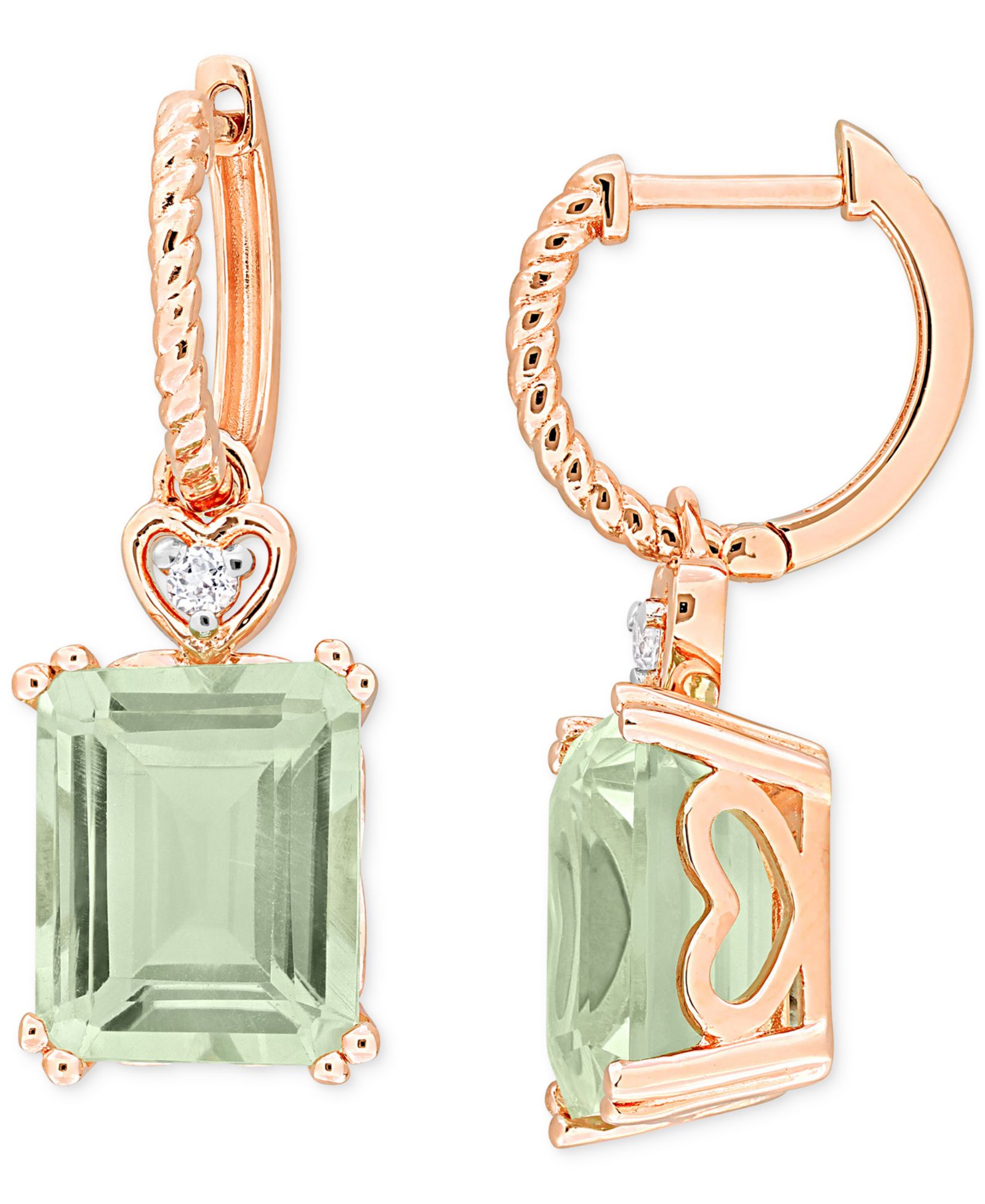 Серьги-подвески с зеленым кварцем (6-3/8 ct. t.w.) и белым топазом (1/20 ct. t.w.) в розовом позолоченном стерлинговом серебре