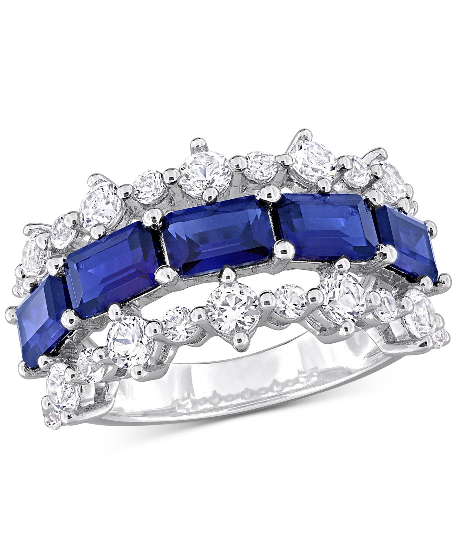 Lab-Grown Blue Sapphire (4-5/8 ct. t.w.) & Lab-Grown White Sapphire (2-1/10 ct. t.w.) Three Row Ring in Sterling Silver