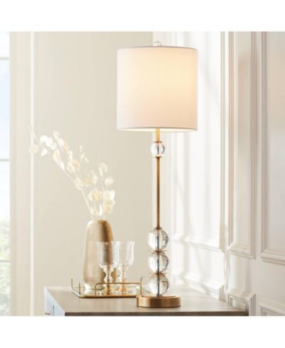 Vienna Full Spectrum Halston Art Deco Buffet Table Lamp 32 1/2" Tall Crystal Ball Brass Metal Off Fabric Drum Shade for Bedroom Living Room Kids