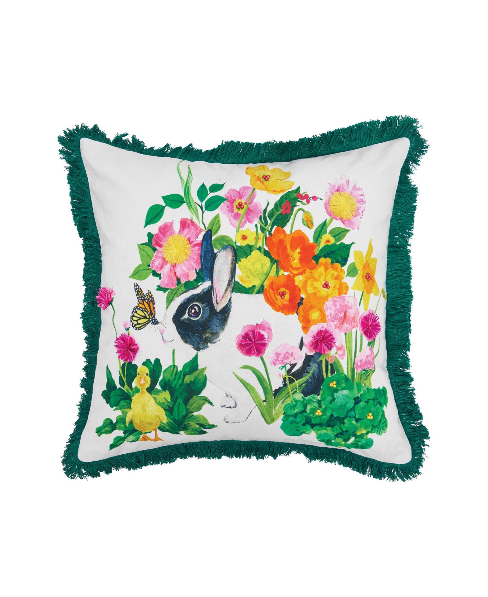 Easter Bunny and Flowers Printed Cotton Blend Accent Throw Pillow 18" x 18"