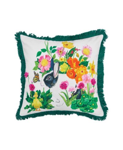 Easter Bunny and Flowers Printed Cotton Blend Accent Throw Pillow 18" x 18"