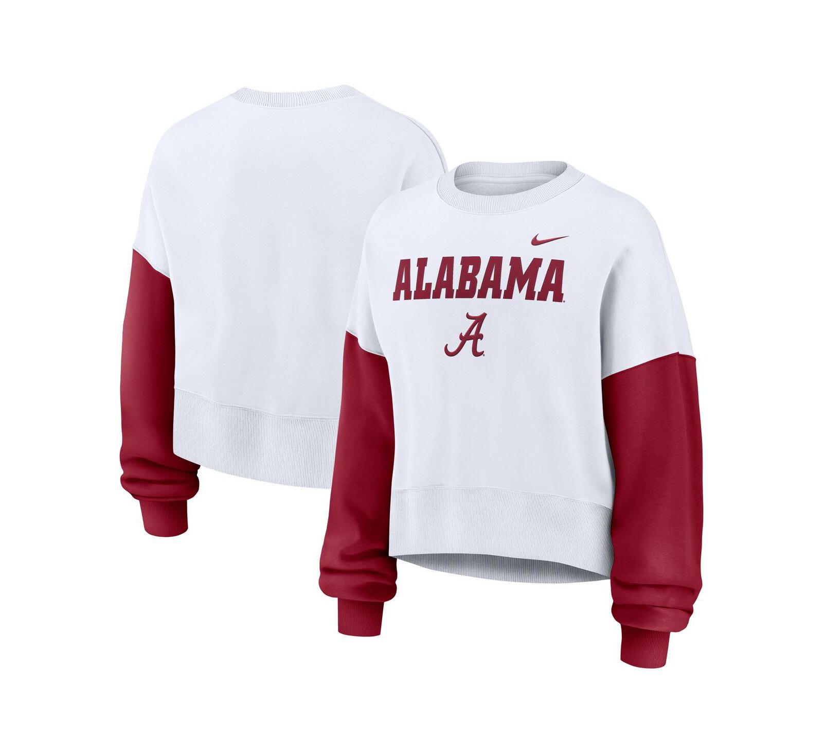 Nike Женский White Alabama Crimson Tide Color Block Oversized Cropped Pullover Sweatshirt