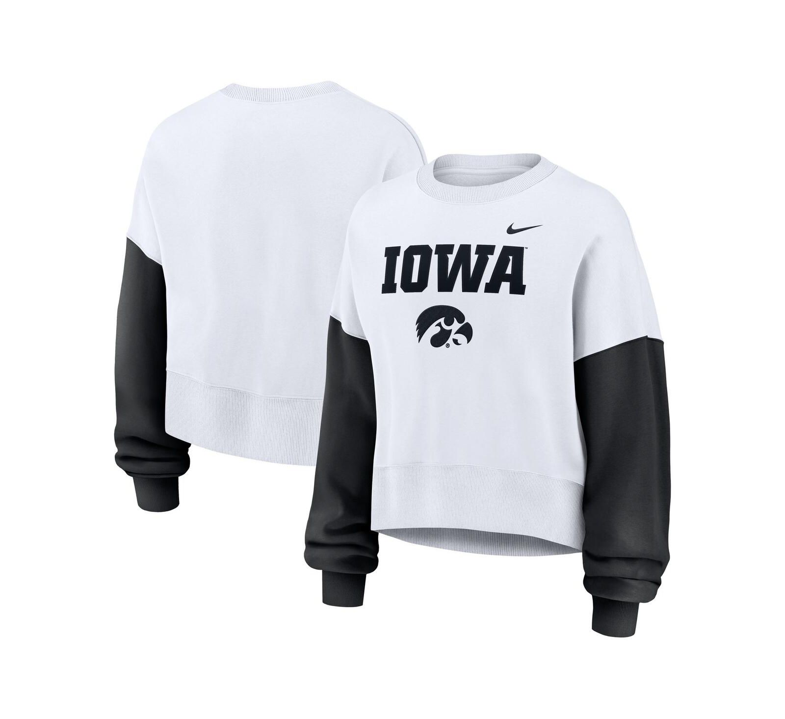 Nike Women's White Iowa Hawkeyes Color-Block Oversized Cropped Pullover Sweatshirt