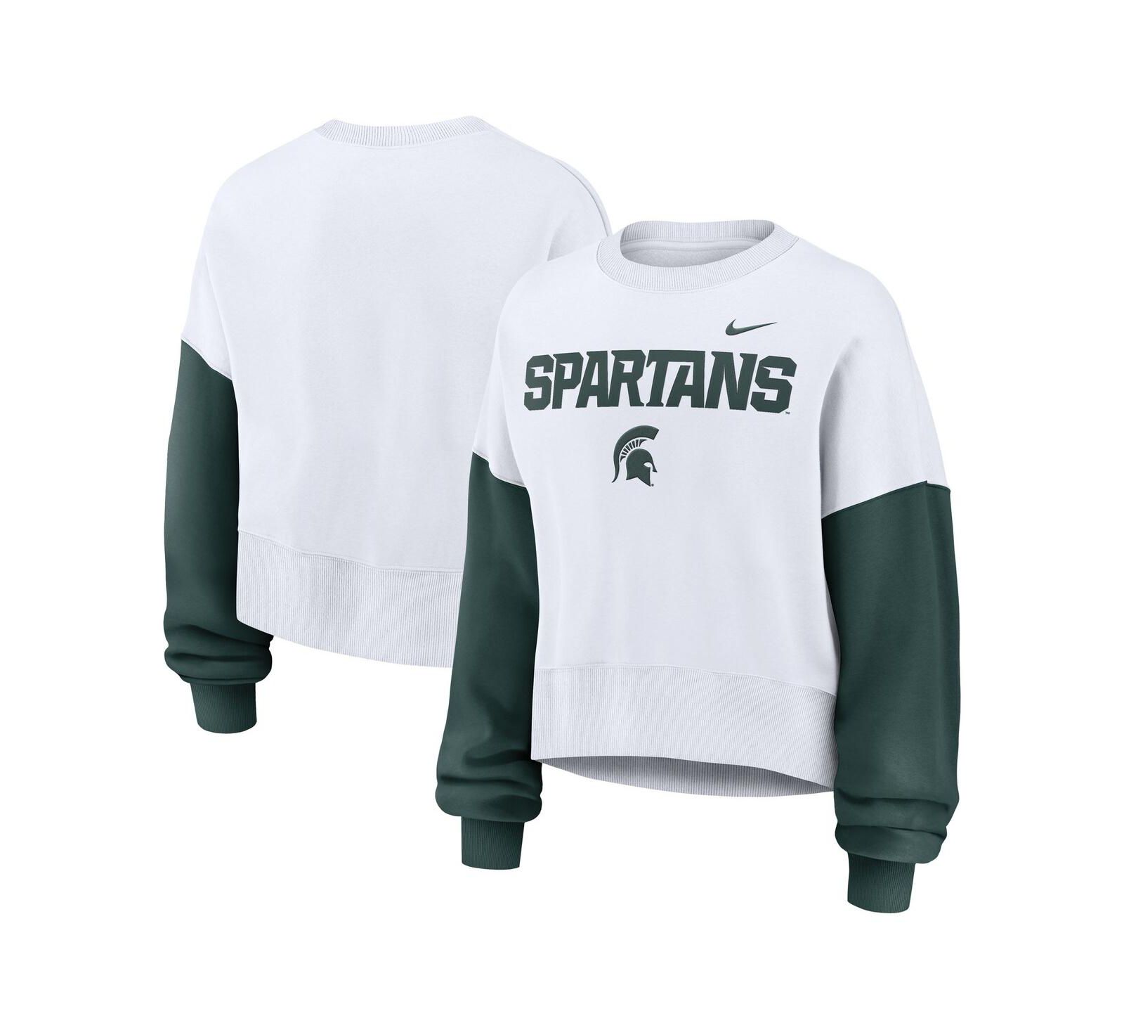 Nike Women's White Michigan State Spartans Color-Block Oversized Cropped Pullover Sweatshirt