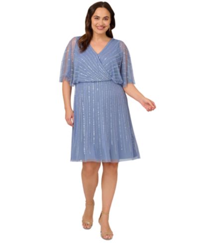 Adrianna Papell Plus Size Surplice-Neck Beaded Short Dress