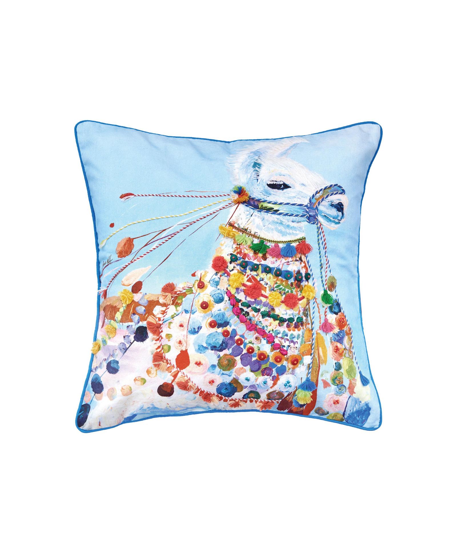 Llama Boho Blue Multicolor Cotton Throw Pillow 22" x 22" Cover And Insert Set