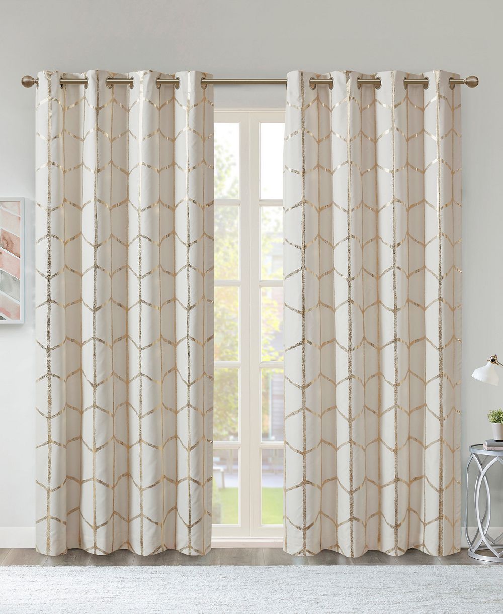 Raina Total Metallic Print Blackout Curtain Single Panel, Antique Silver Grommet Top Fit Up To 1.25 Inches Rod Single Curtain Panel For Bedroom