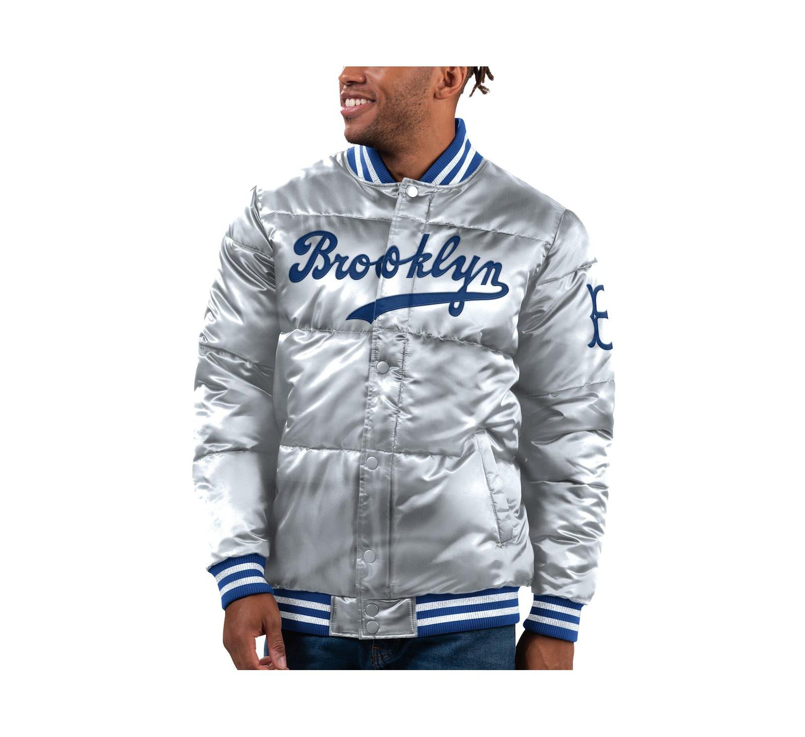 Men's Starter Silver Brooklyn Dodgers Cooperstown Collection Bronx Satin Full-Snap Bomber Jacket