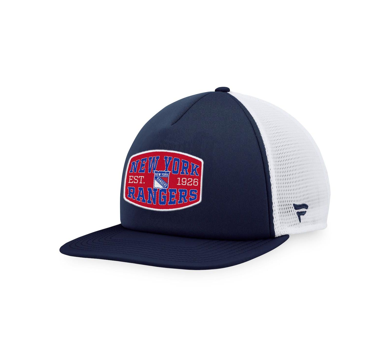 Men's Fanatics Navy, White New York Rangers Foam Front Patch Trucker Snapback Hat