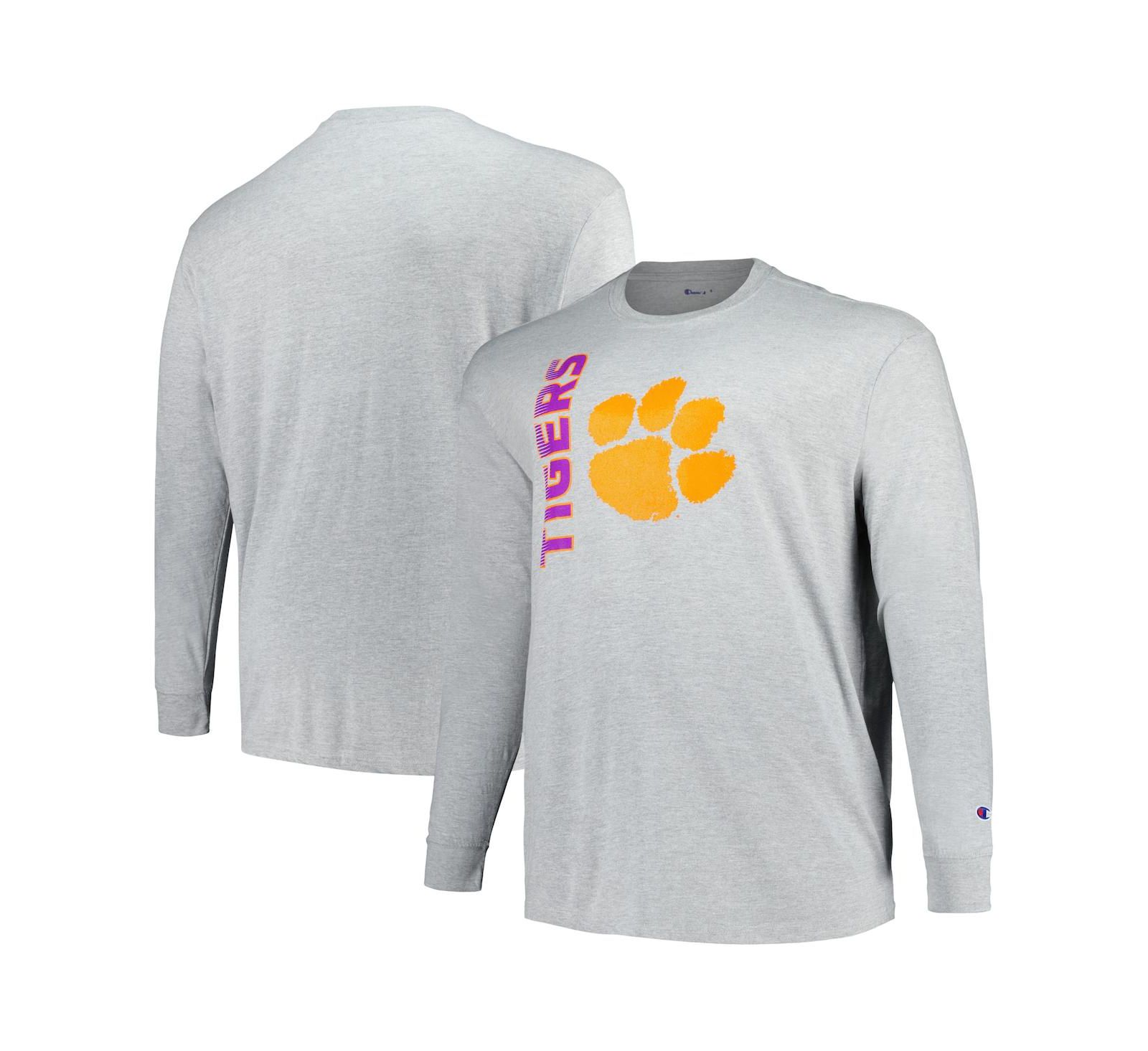 Мужская футболка Champion Heather Gray Clemson Tigers Big and Tall Mascot Long Sleeve