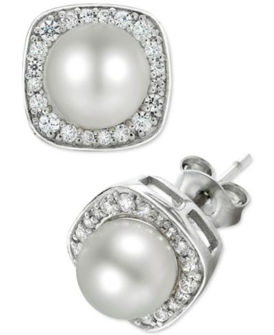 Macy's серьги-гвоздики с натуральным речным жемчугом (6mm) и бриллиантом (1/4 ct. t.w.) в белом золоте 14k