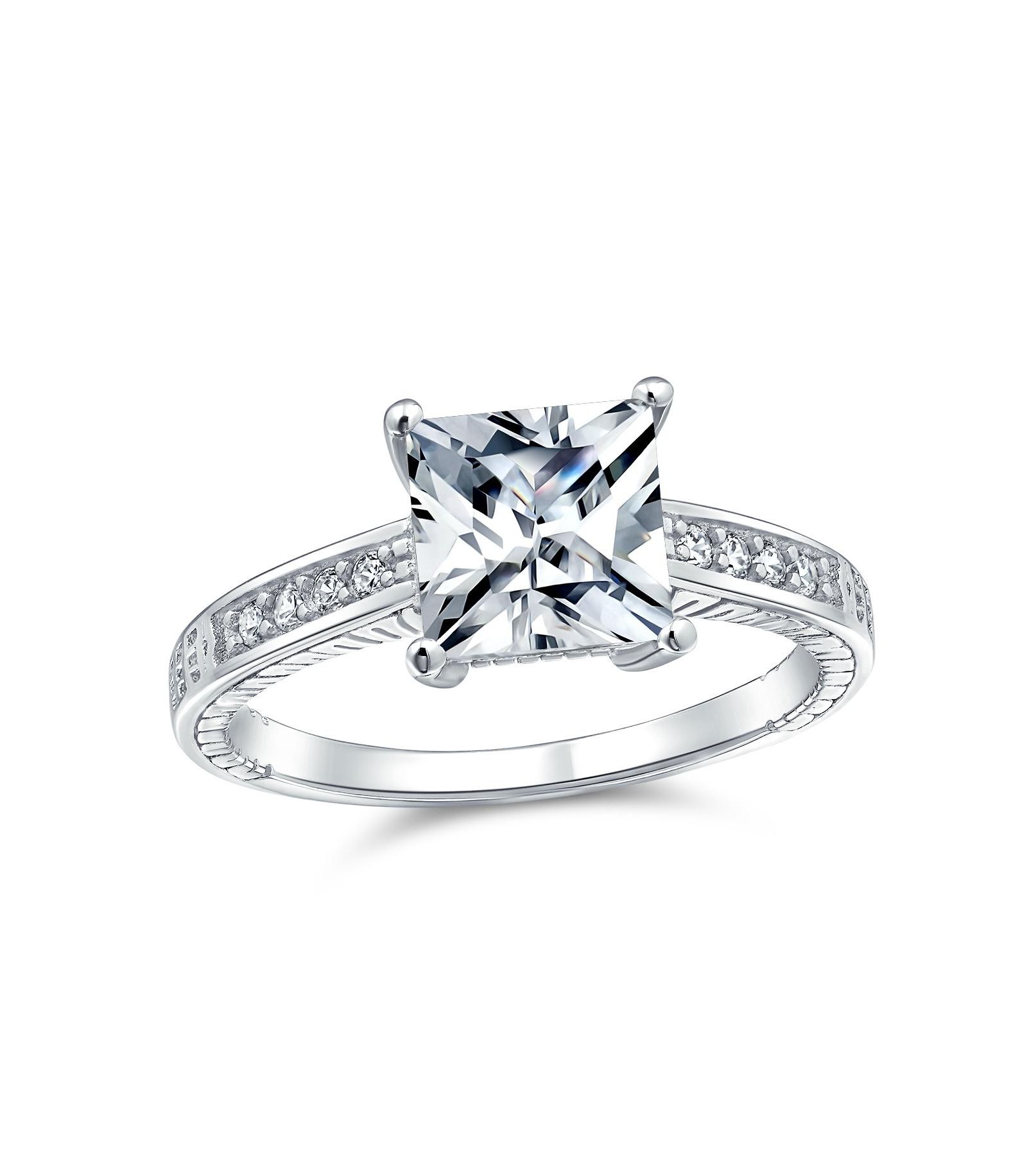 Кольцо Bling Jewelry Classic Cubic Zirconia 3CT Square CZ Princess Cut Solitaire Promise Sterling Silver Milgrain Pave Band