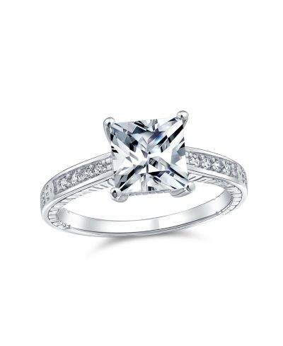 Кольцо Bling Jewelry Classic Cubic Zirconia 3CT Square CZ Princess Cut Solitaire Promise Sterling Silver Milgrain Pave Band
