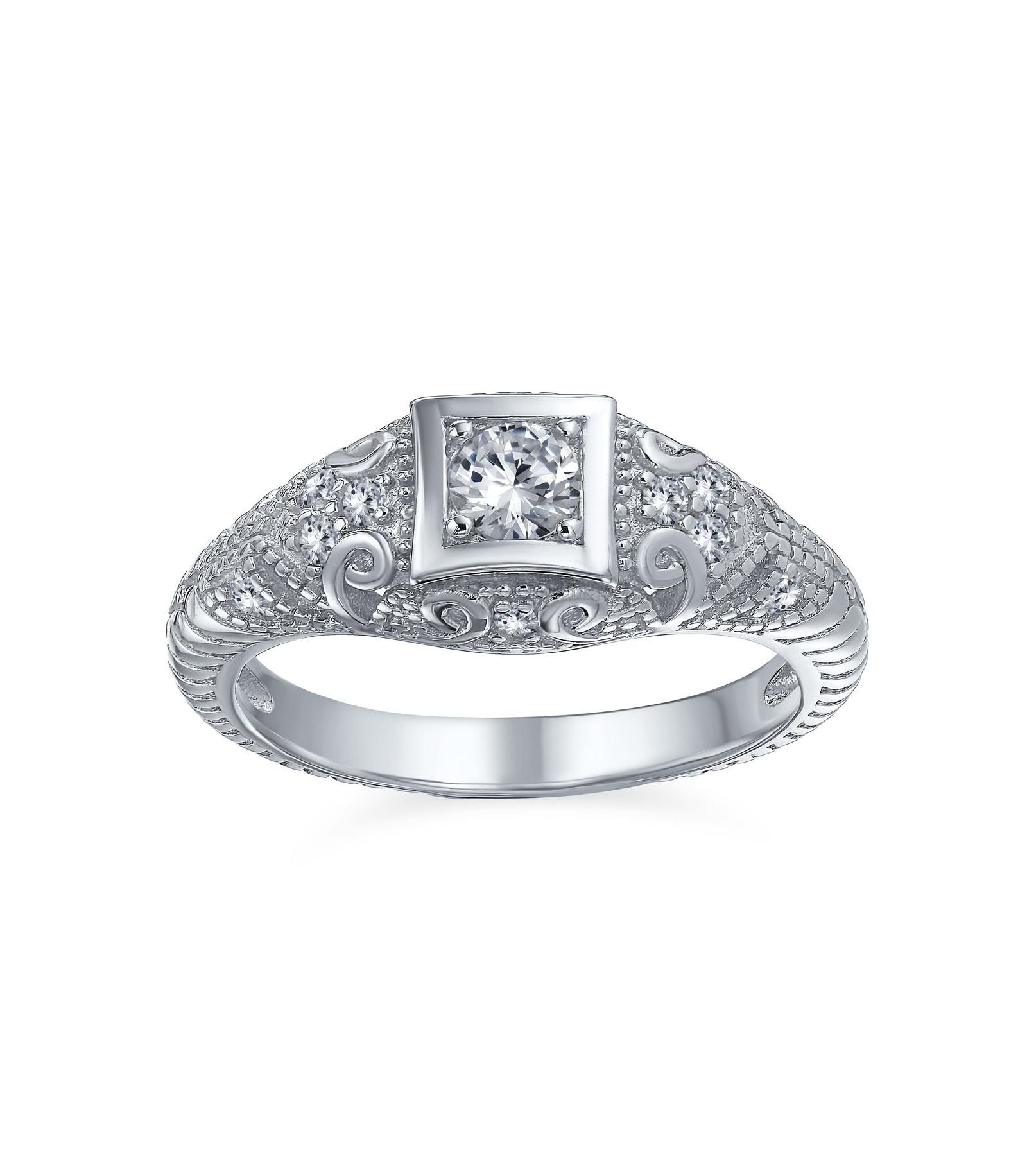 Bling Jewelry 1CT Deco Style Square Bezel Solitaire Round CZ Milgrain Promise Ring Sterling Silver