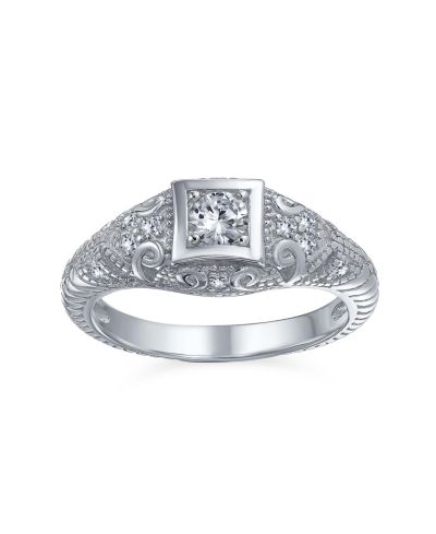 Кольцо Bling Jewelry 1CT Deco Style Square Bezel Solitaire Round CZ Milgrain Promise из стерлингового серебра