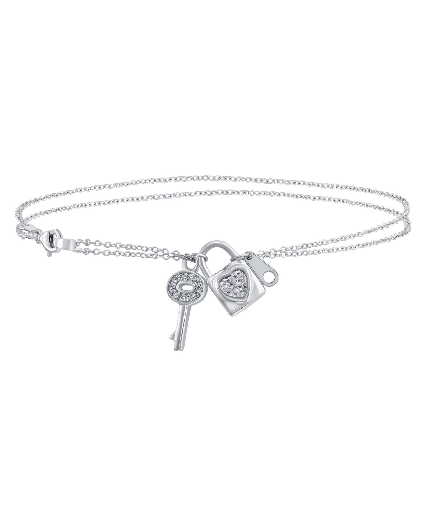 Bling Jewelry Romantic Key to Her Heart, Lock, Key Charm Anklet Double Strand Ankle Bracelet .925 Sterling Silver