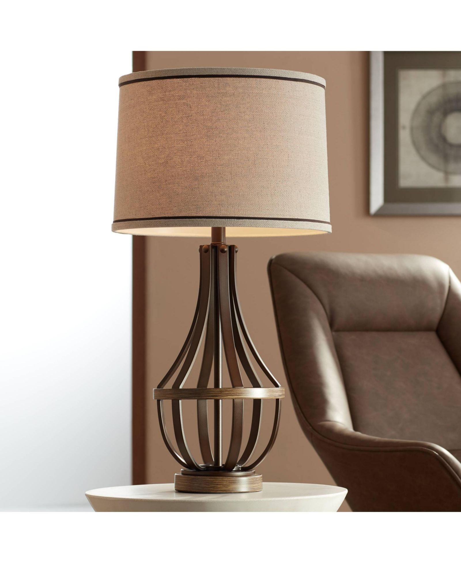 Franklin Iron Works Louanne Industrial Table Lamp 29" Tall Oil Rubbed Bronze Metal Burlap Linen Drum Shade for BBedroom Living Room Bedside Nightstand