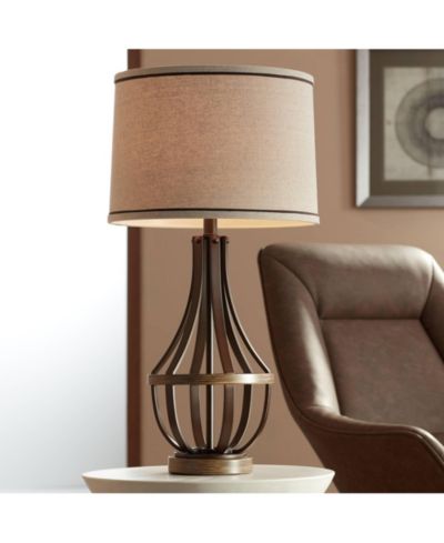 Franklin Iron Works Louanne промышленная настольная лампа 29" Tall, бронза, тканевый абажур для спальни и гостиной