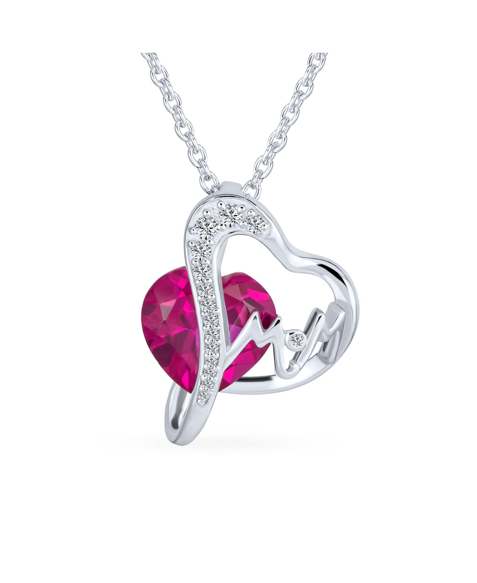 Bling Jewelry Подвеска в виде сердца с рубиновыми кристаллами и надписью Mom на серебряной цепочке