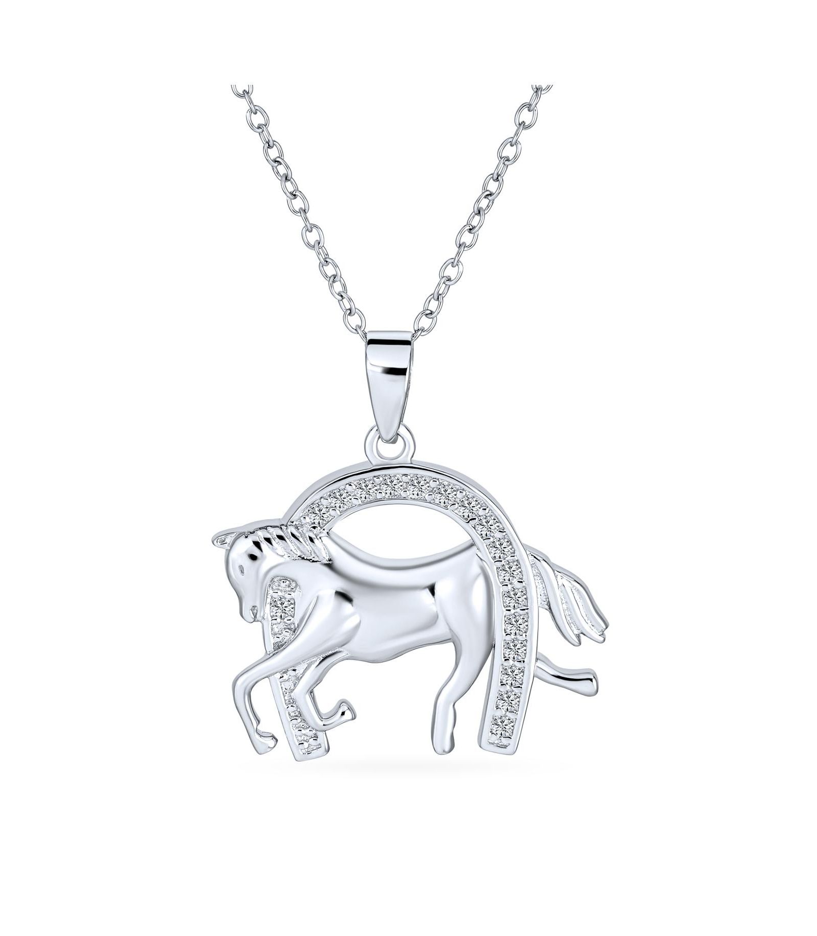 Bling Jewelry Horseshoe Equestrian Thoroughbred CZ Pendant Necklace .925 Sterling Silver