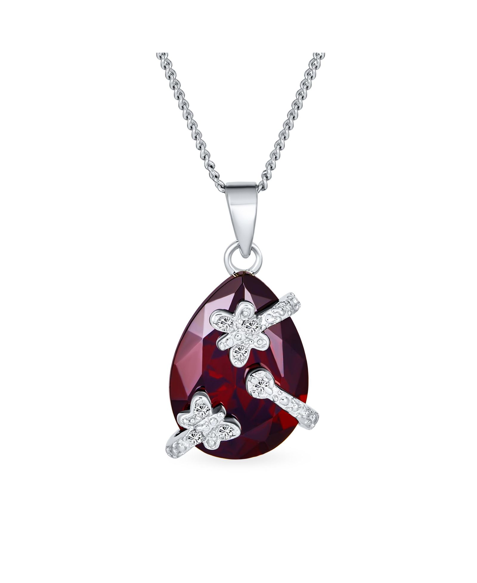 Bling Jewelry Romantic Pave Butterfly CZ Accent Ruby Red Teardrop Pendant Necklace Sterling Silver Chain