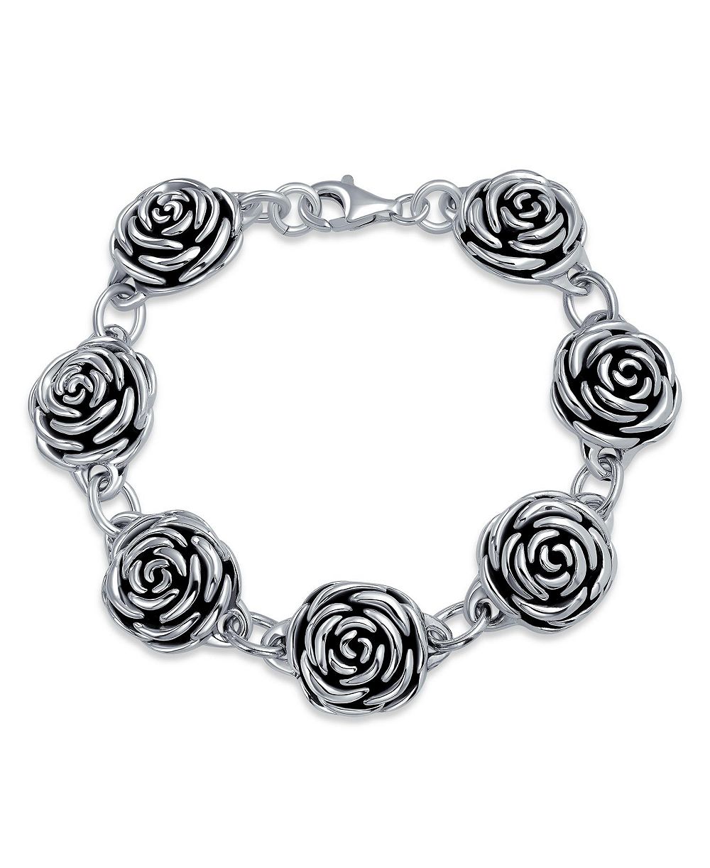 Bling Jewelry Black Rose Design .925 Sterling Silver Statement Bracelet 7.5 Inch