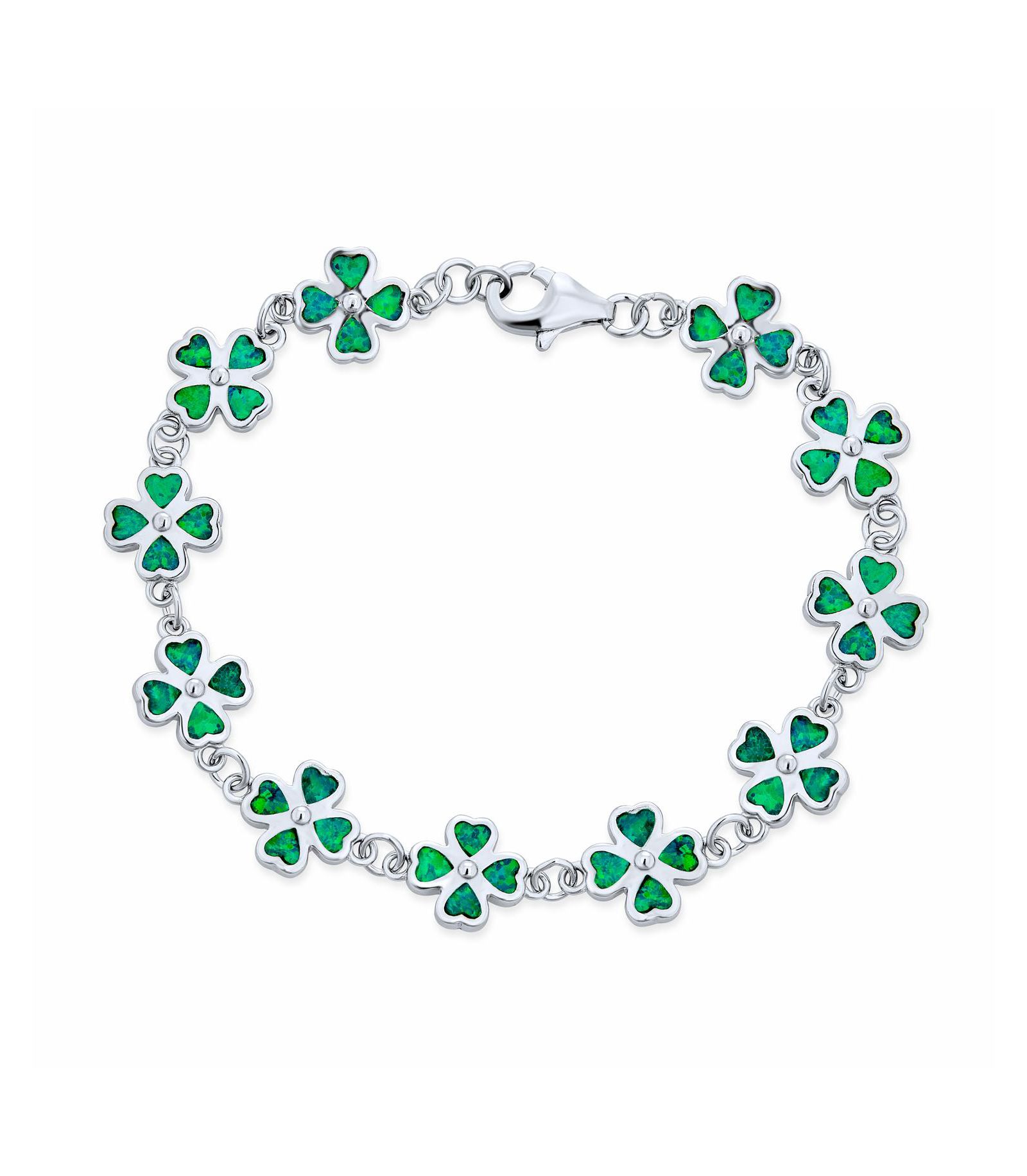 Bling Jewelry .925 Sterling Silver Created Opal Inlay Green Heart Shaped Clover Charm Bracelet Lucky Shamrock