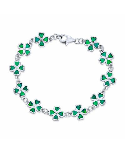 Bling Jewelry .925 Sterling Silver Created Opal Inlay Green Heart Shaped Clover Charm Bracelet Lucky Shamrock