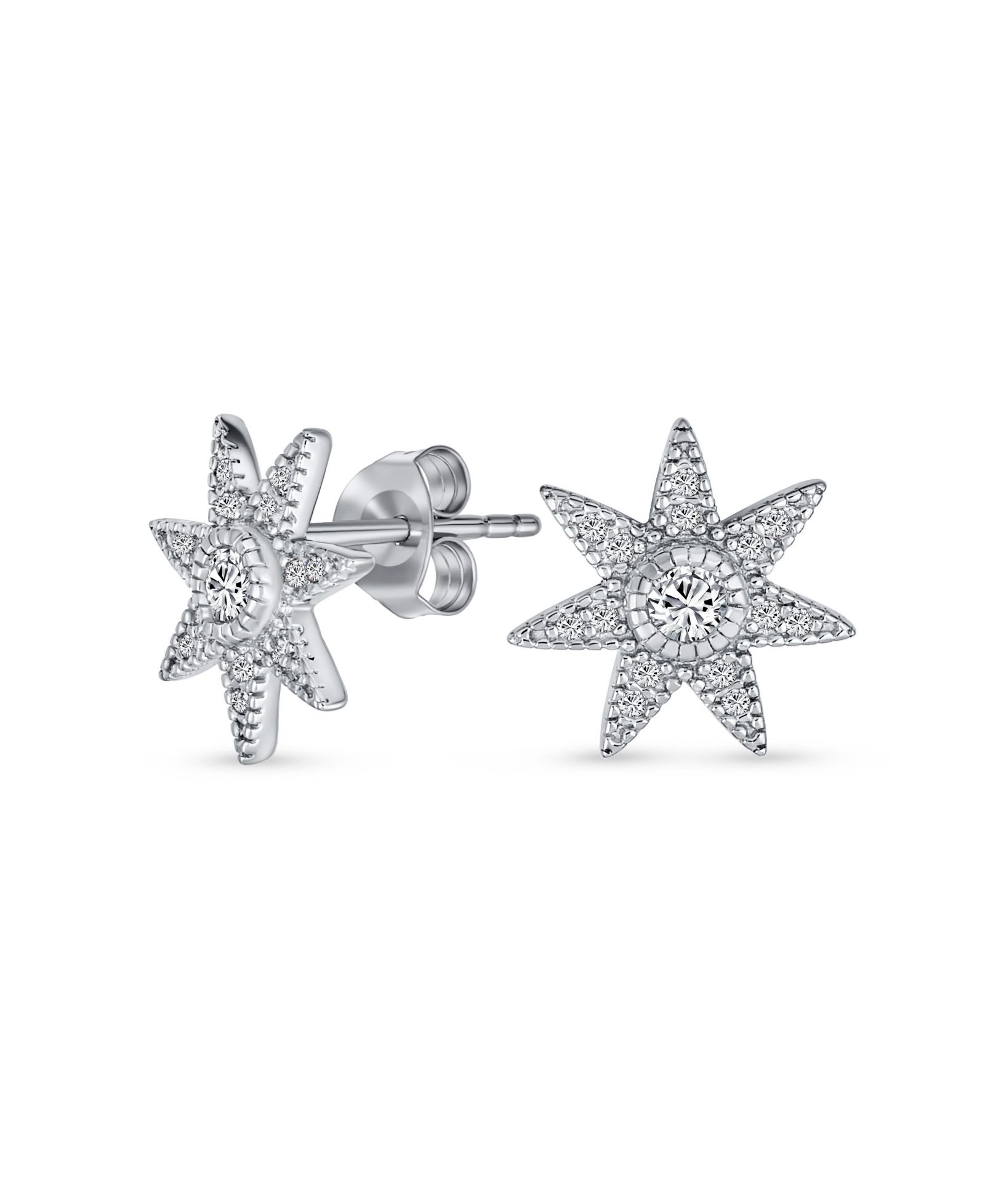 Bling Jewelry Celestial Pave CZ North Star Burst Stud Earrings .925 Sterling Silver