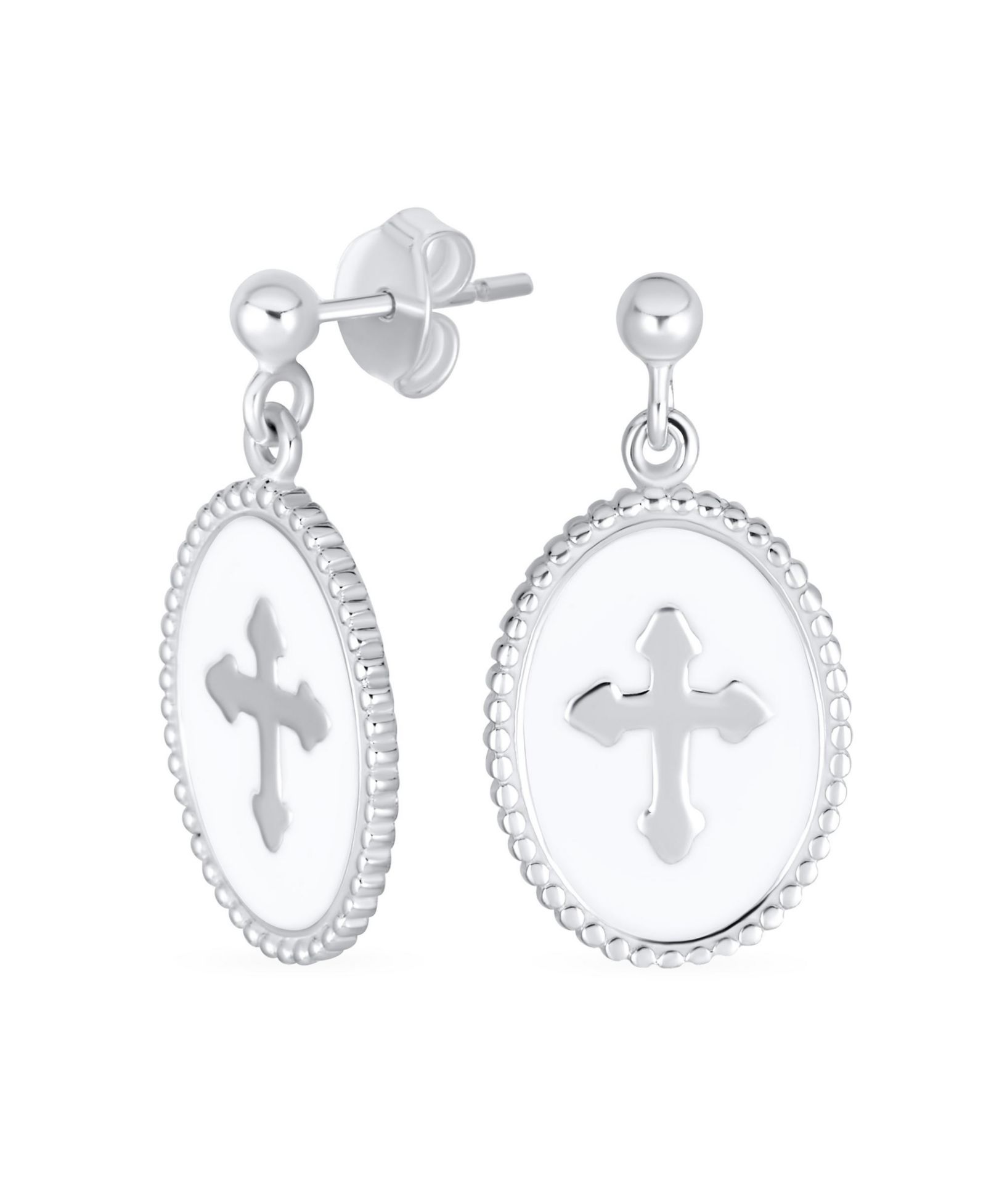 Bling Jewelry Religious White Enamel Fleur De Lis Cross Dangle Earrings Sterling Silver