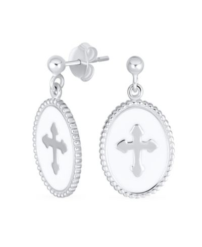 Bling Jewelry Religious White Enamel Fleur De Lis Cross Dangle Earrings Sterling Silver