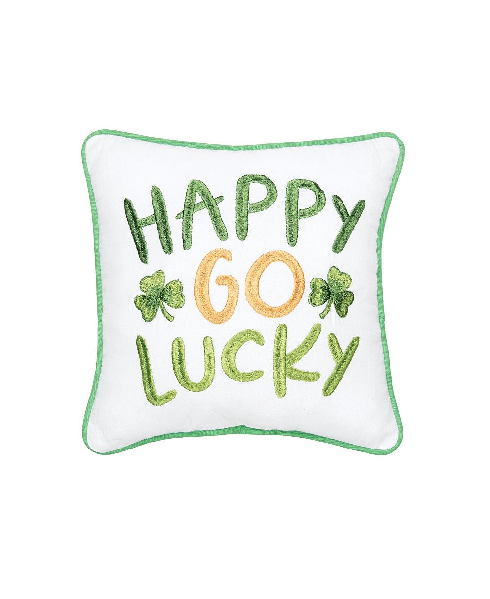 St. Patrick's Day "Happy Go Lucky" Embroidered Mini Cotton Accent Pillow, 10" x 10"