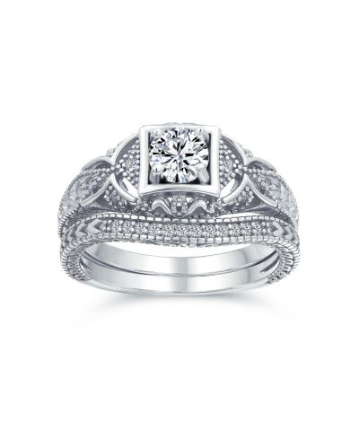 Bling Jewelry Vintage 1CT Solitaire CZ Engagement Ring Set Band Gold .925 Sterling Silver