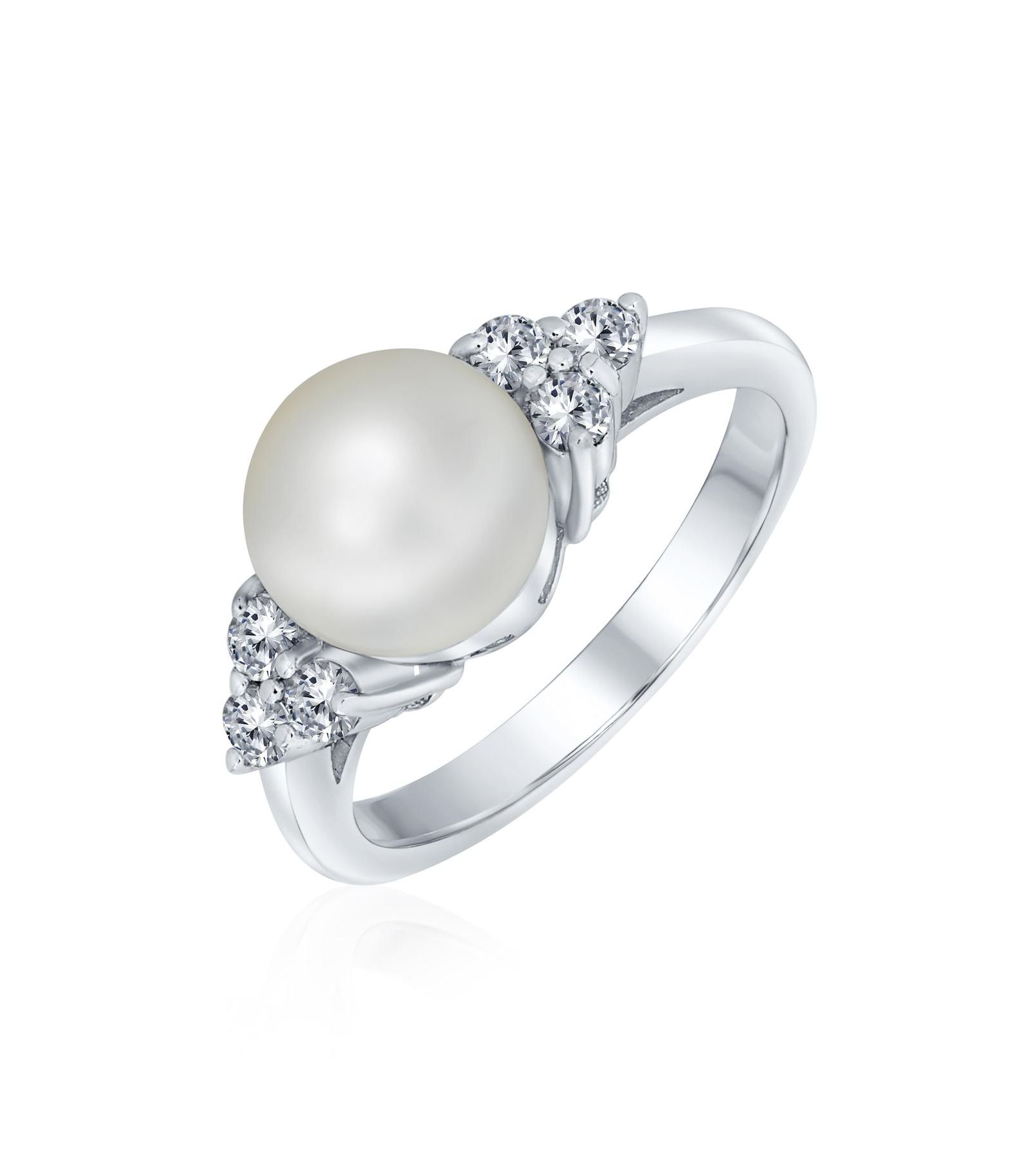 Bling Jewelry Bridal Party CZ Halo Side Stones White Solitaire Freshwater Cultured Pearl Engagement Cocktail Ring For Women .925 Sterling Silver