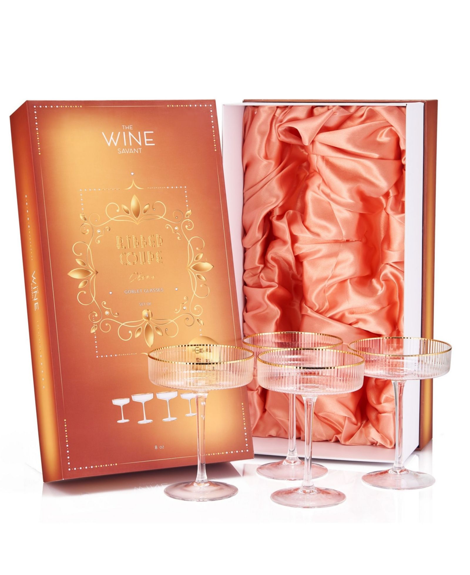 The Wine Savant Ribbed Art Deco Gilded Crystal Martini & Champagne Coupe Glasses, Set of 4