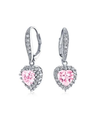 Bling Jewelry Romantic Pink CZ Cubic Zirconia Heart Dangle Drop Earrings Rhodium Plated