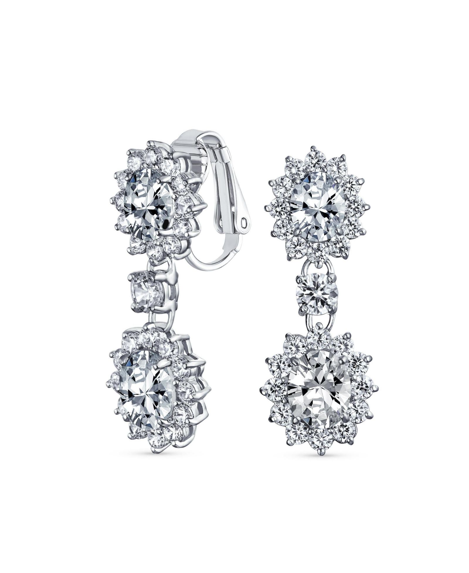 Серьги Bling Jewelry Crown Halo Pave Cubic Zirconia CZ Drop Dangling Oval Chandelier Clip On Earrings