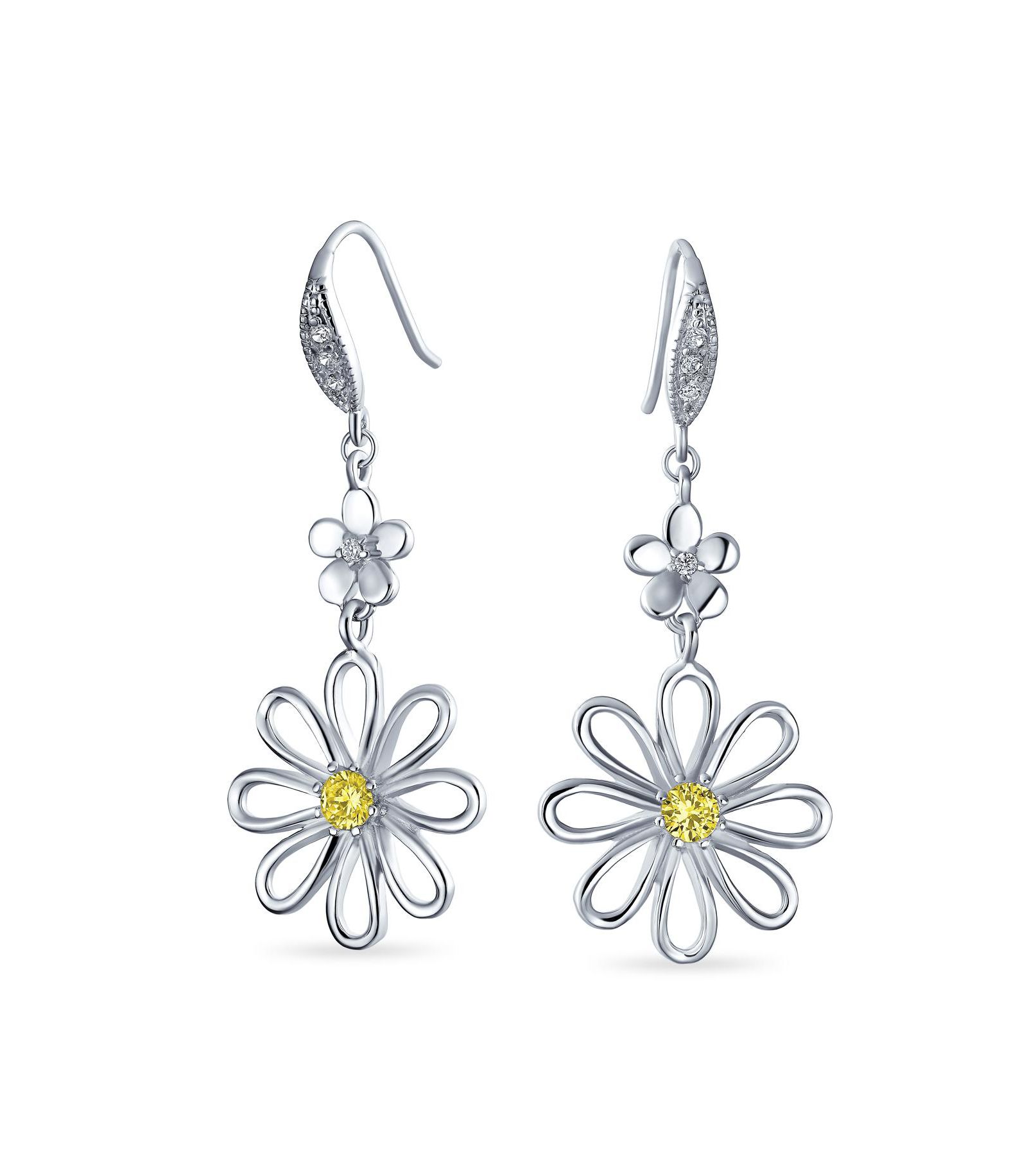 Bling Jewelry Spring Flower Shape Dangling Daisy Earrings Clear CZ Accent Silver Plated