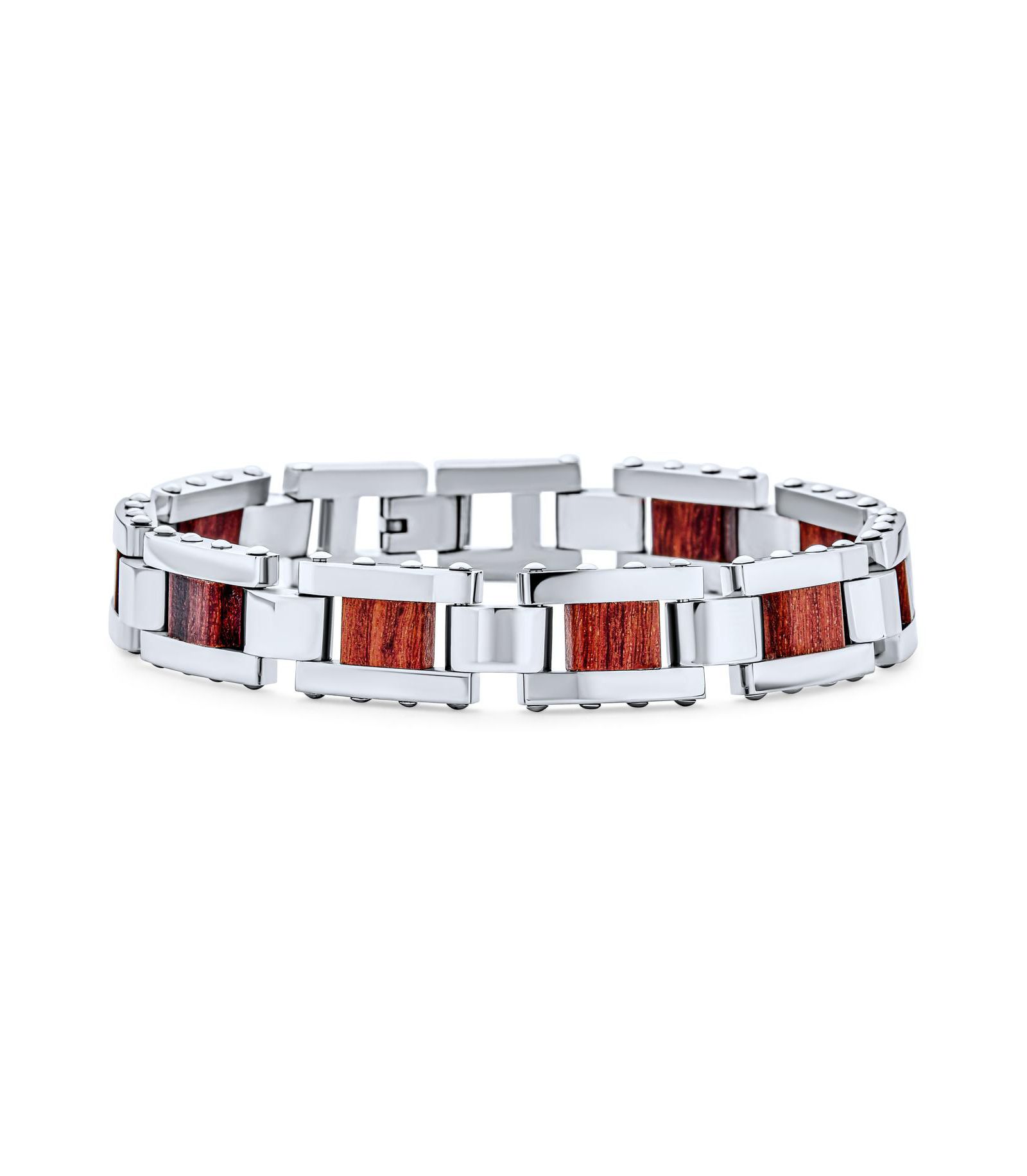 Мужской браслет Bling Jewelry из натурального дерева и стали с прямоугольным звеньями, 8.5 Inch