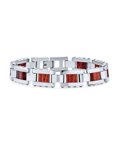Bling Jewelry Men's Masculine Brown Wood and Stainless Steel Square Link Bracelet 9 Inch