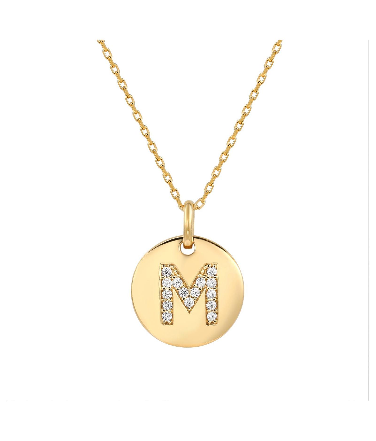 Suzy Levian Sterling Silver Cubic Zirconia Letter "M" Initial Disc Pendant Necklace
