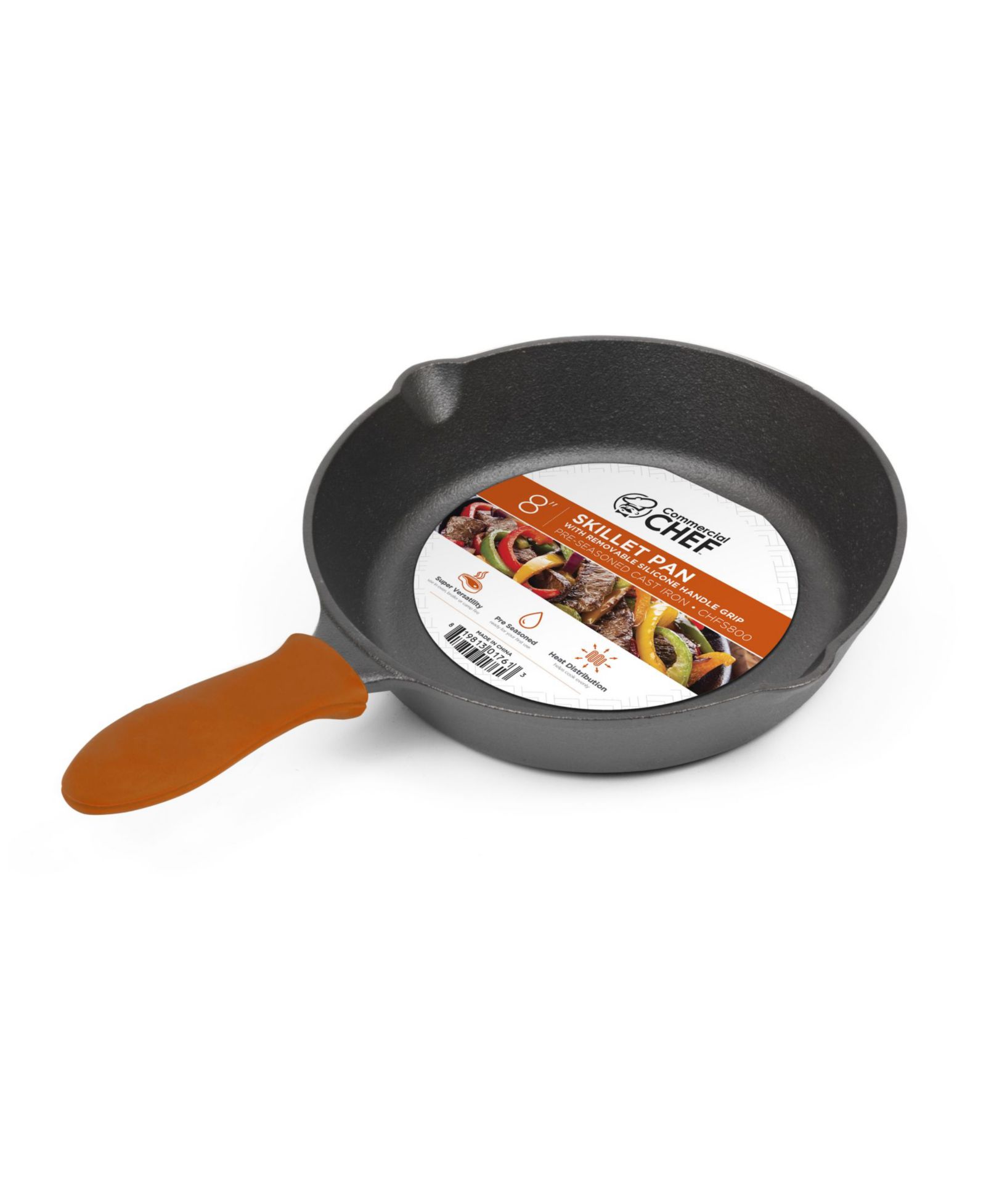 Commercial Chef 8-Inch Cast Iron Skillet with Silicone Grip, CHFS800