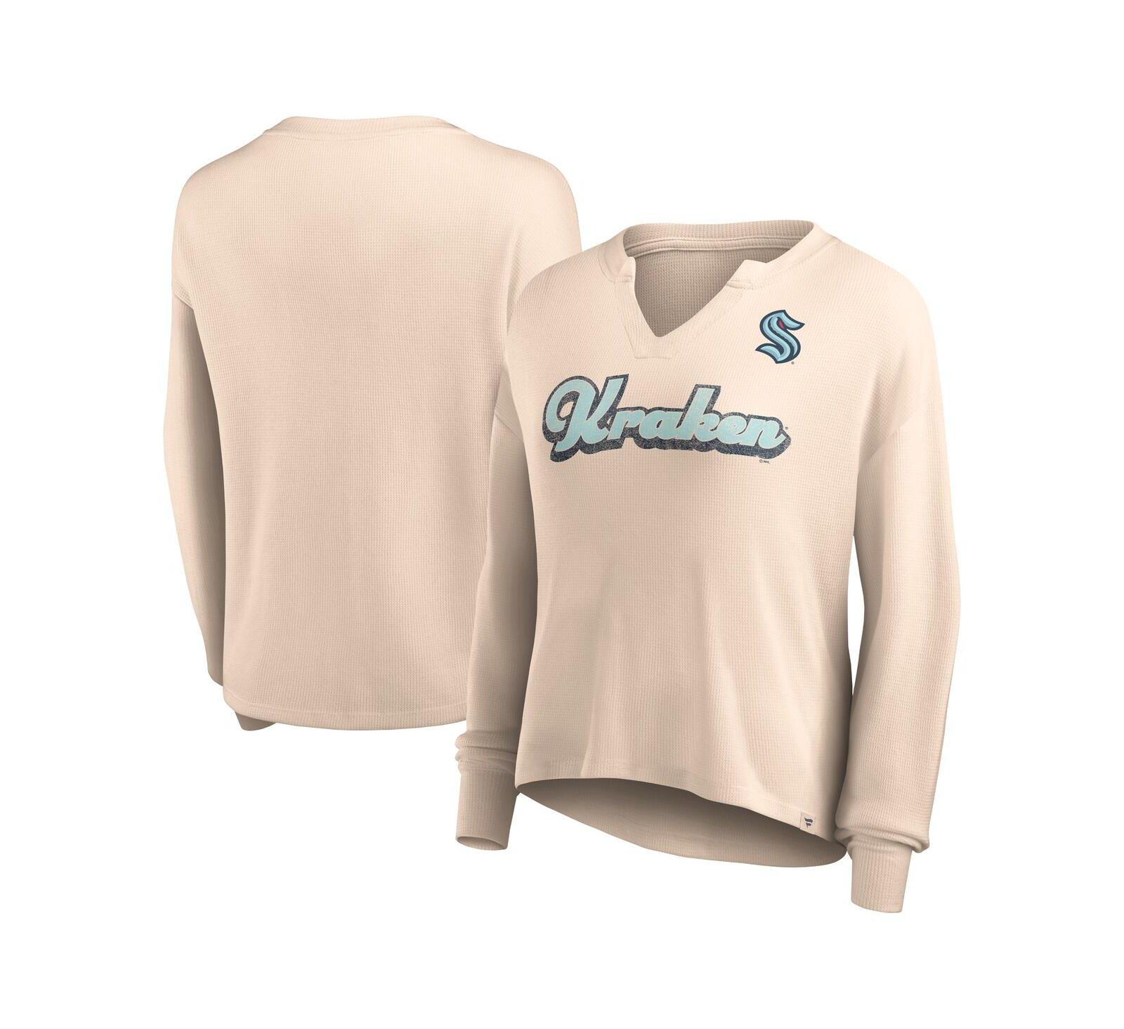 Женская футболка Fanatics Oatmeal Distressed Seattle Kraken Go For It Notch Neck Waffle Knit Long Sleeve