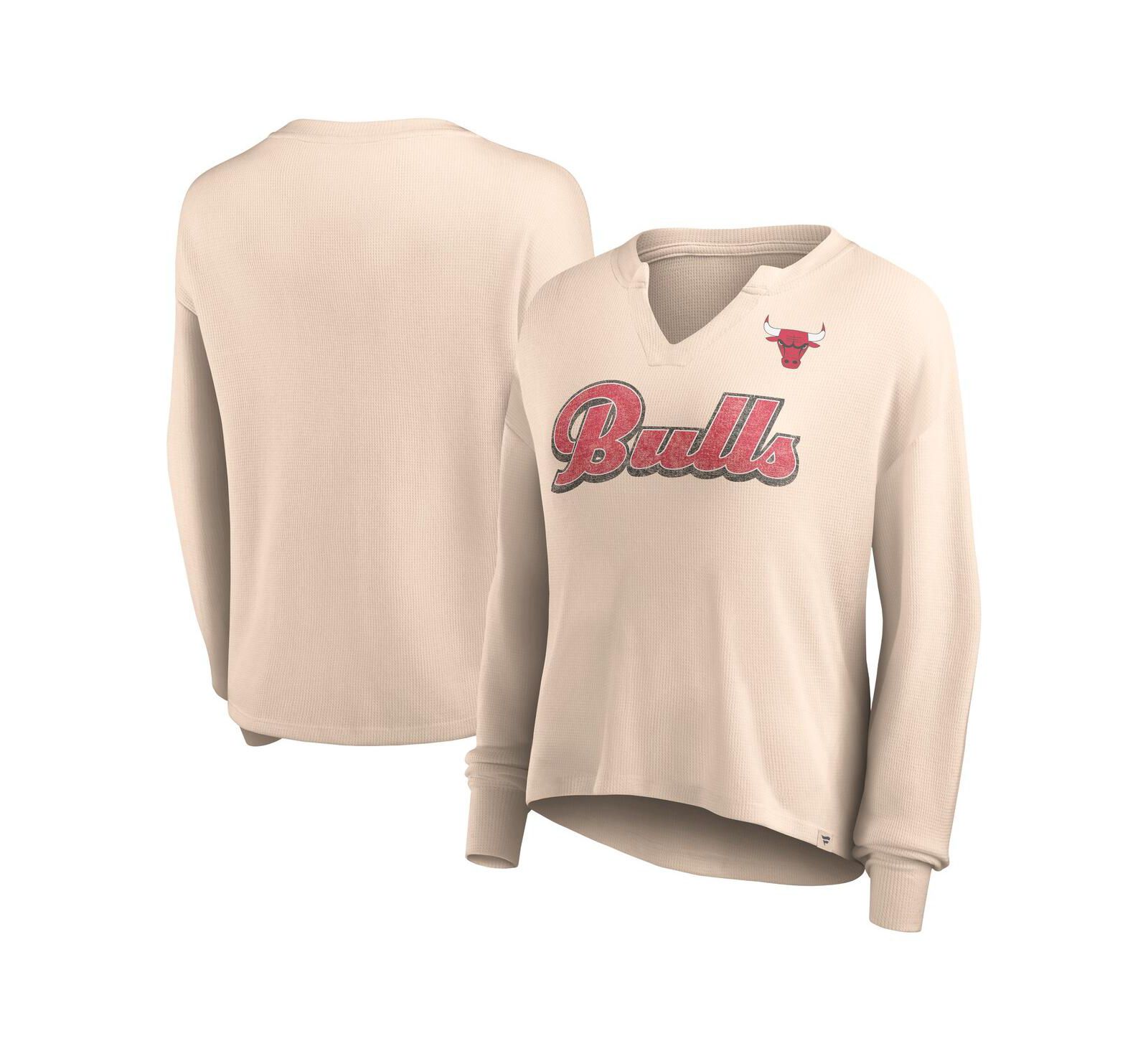 Женская футболка Fanatics Tan Distressed Chicago Bulls Go For It Long Sleeve Notch Neck