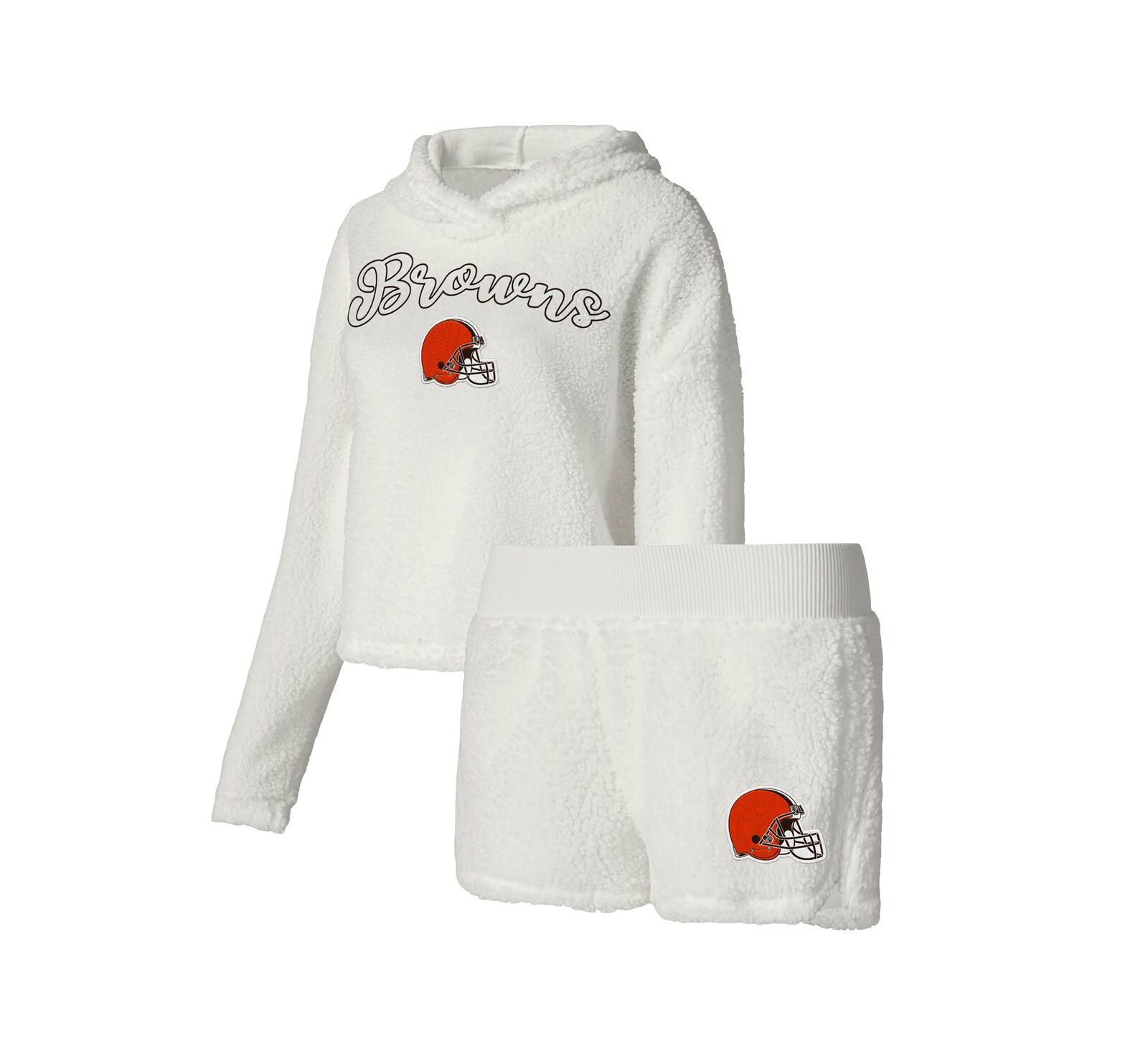 Women's Concepts Sport White Cleveland Browns Fluffy Pullover Sweatshirt and Shorts Sleep Set