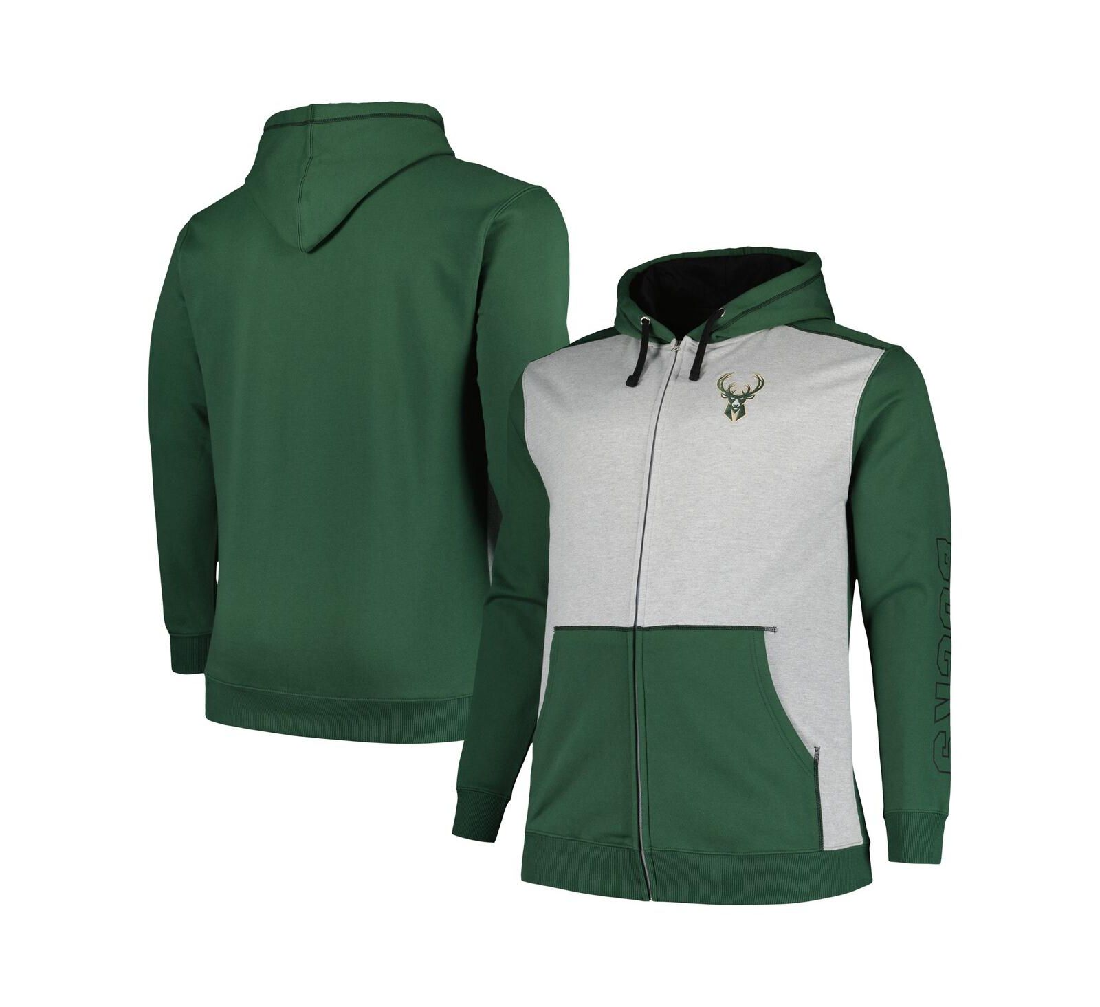 Мужской худи Fanatics Hunter Green, Heather Gray Milwaukee Bucks Big and Tall с контрастной прострочкой и полной молнией
