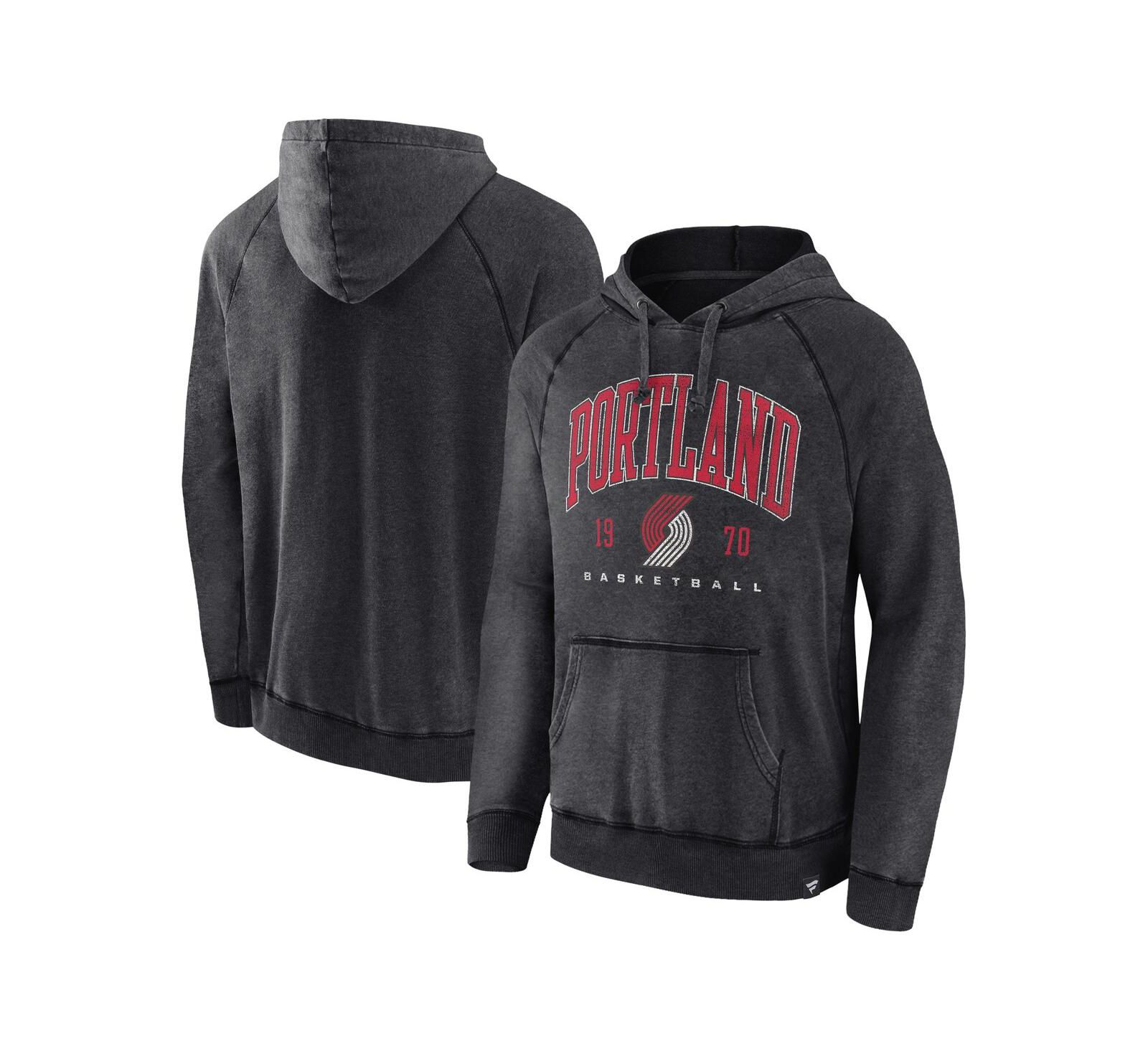 Men's Fanatics Heather Charcoal Distressed Portland Trail Blazers Foul Trouble Snow Wash Raglan Pullover Hoodie