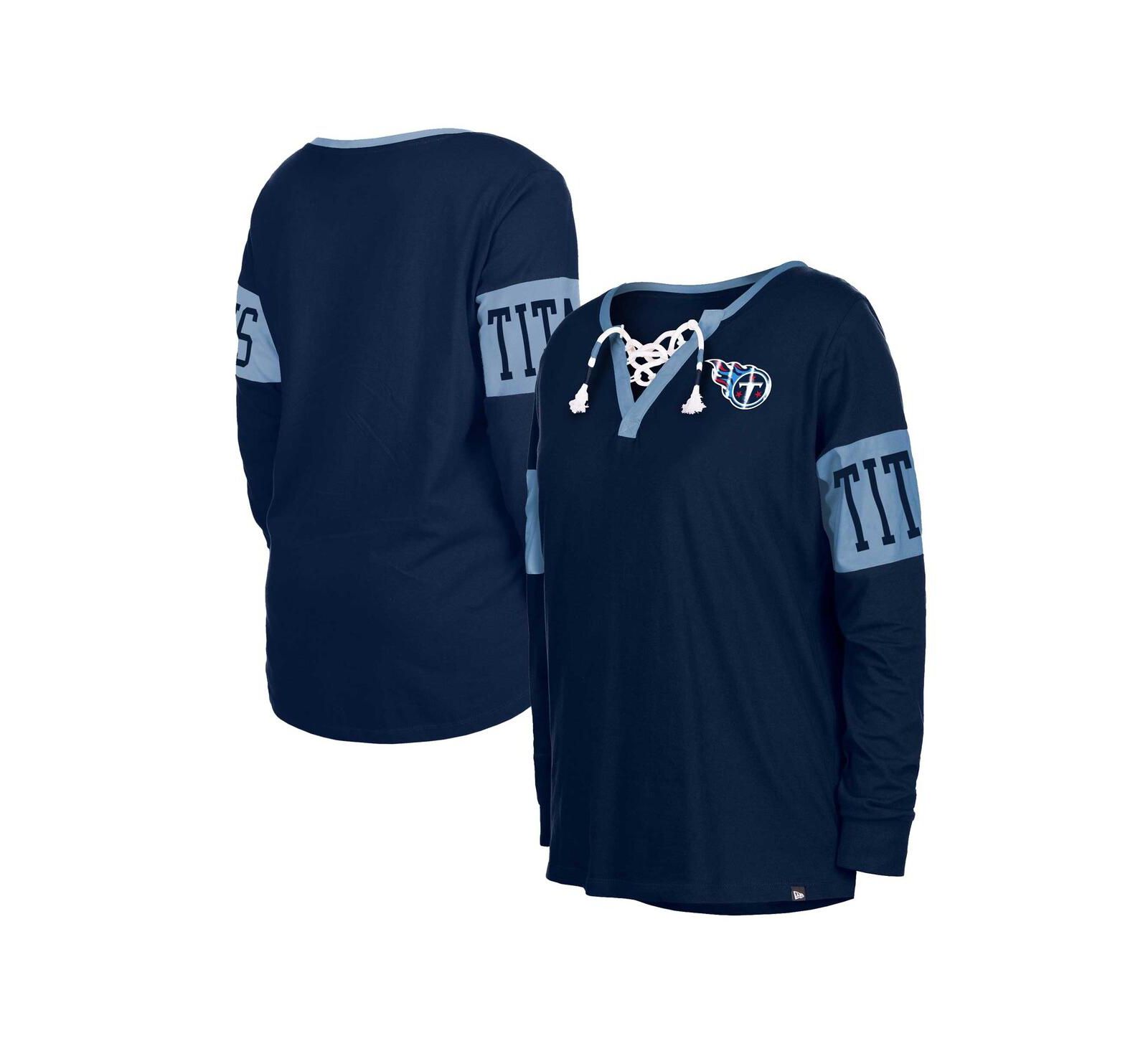 Женская футболка New Era Navy Tennessee Titans Lace-Up Notch Neck Long Sleeve