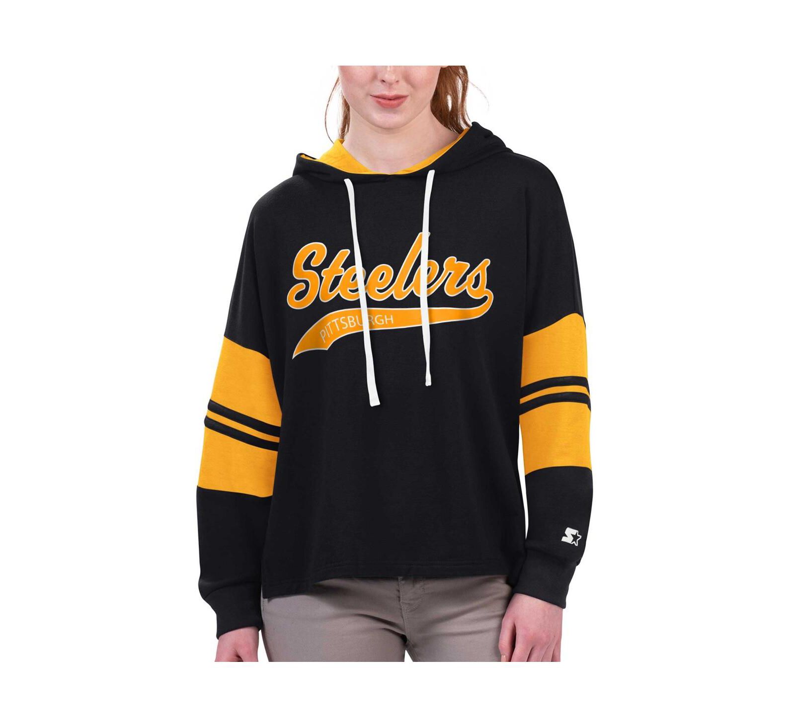Женская футболка Starter Black Pittsburgh Steelers Bump And Run Long Sleeve Hoodie T-shirt