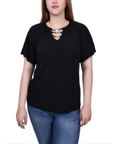 NY Collection Petite Raglan Sleeve Top with Chain Details